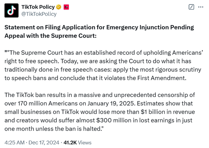 TikTok向美国最高法院提交紧急请求,寻求推迟并阻止“不卖就禁”法案